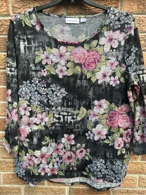 Vtg I.B. Diffusion from KMart Black Floral Scoop Neck Women's Blouse size XL